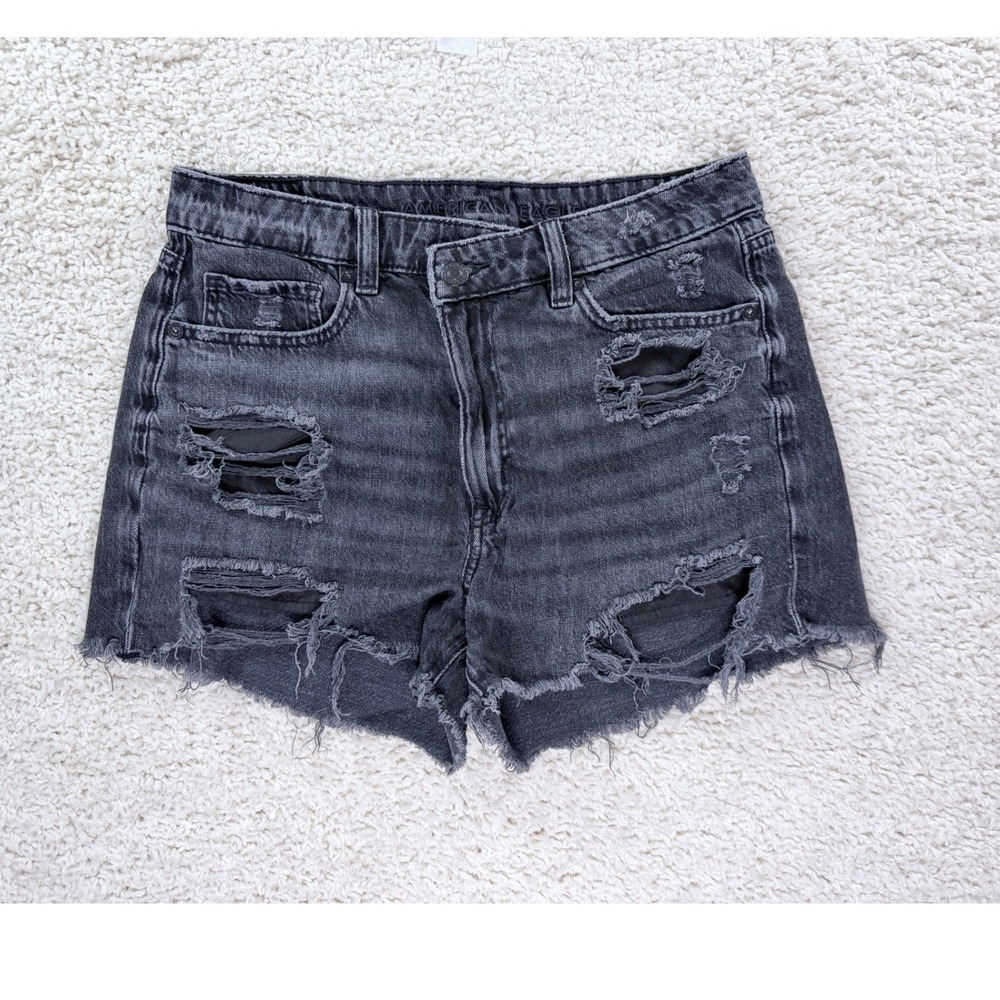 American Eagle Distressed‎ Denim Shorts Womens 6 Black High Waisted Frayed